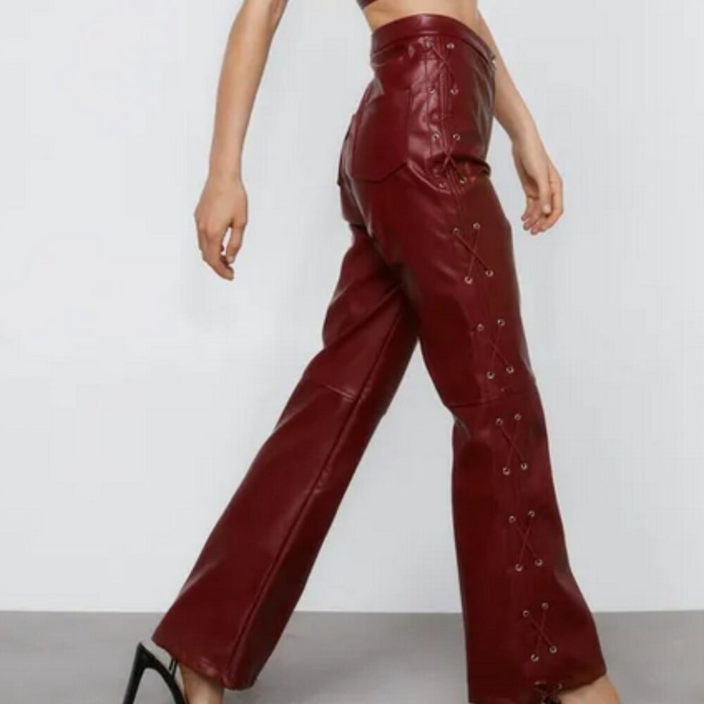 Faux Leather Lace Up Flared Trousers